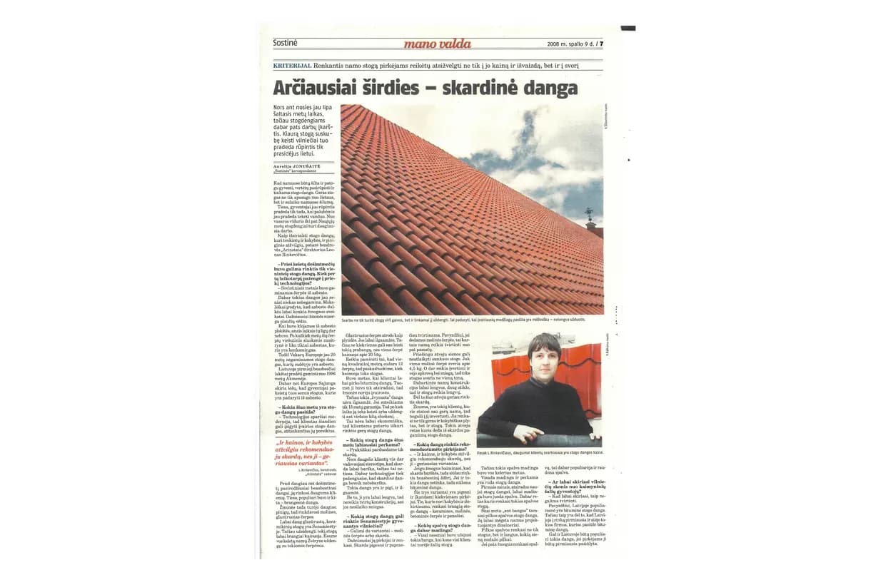 Straipsnis „Arčiausiai širdies – skardinė danga“ laikraštyje Sostinė